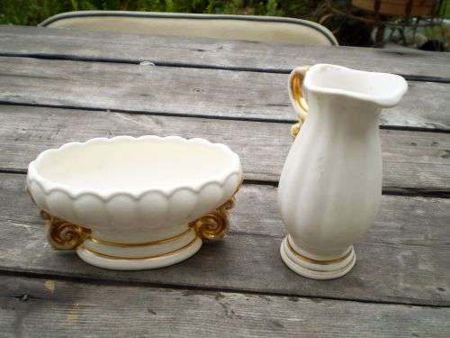 Wade Porcelain Set Of Cream White Small Vase And Jug With Gilt Decoration marked