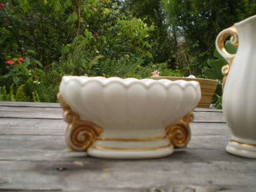 Wade Porcelain Set Of Cream White Small Vase And Jug With Gilt Decoration marked