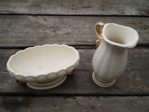 Wade Porcelain Set Of Cream White Small Vase And Jug With Gilt Decoration marked