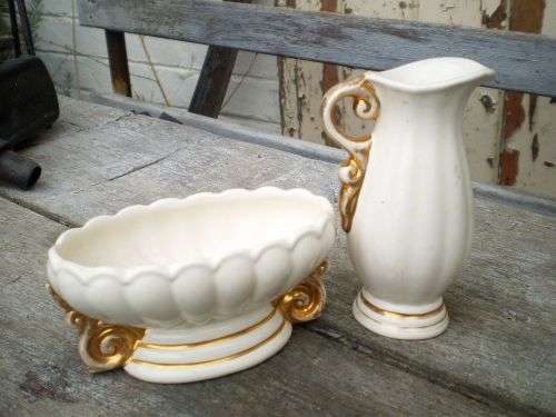 Wade Porcelain Set Of Cream White Small Vase And Jug With Gilt Decoration marked