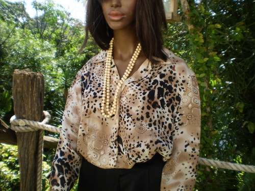 Vintage 1980s Overlength Chiffon Blouse Shirt Animal Leopard Print Size 14