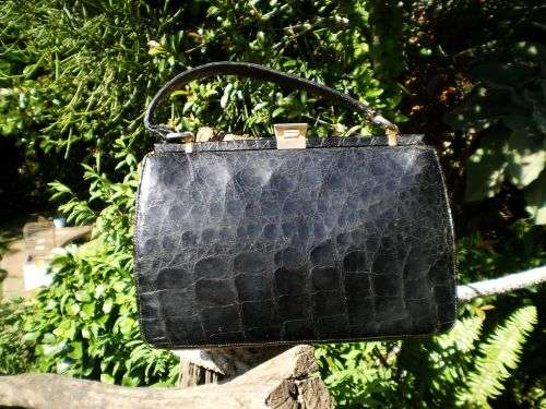 1960s Vintage Genuine Leather Black Crocodile Leather Excellent condition inside as new