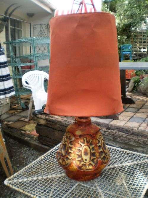 1950's Vintage Modern Mid Century Large Orange Table Lamp Shade Needs Recovering Base One Chip