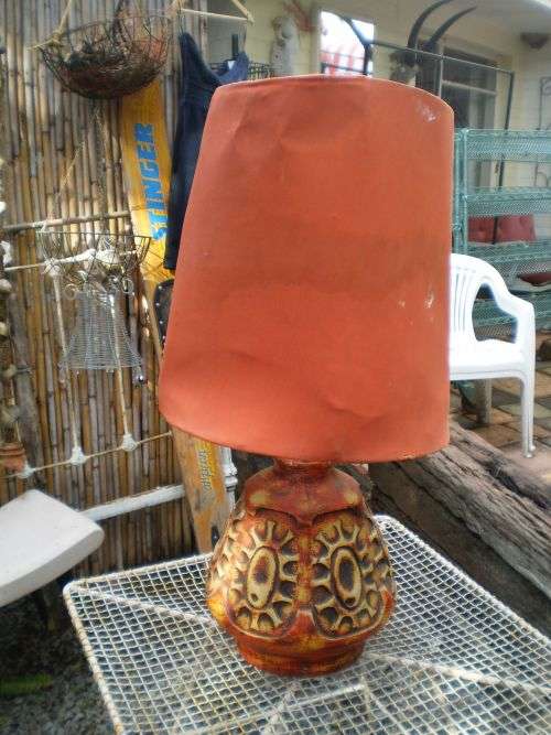 1950's Vintage Modern Mid Century Large Orange Table Lamp Shade Needs Recovering Base One Chip