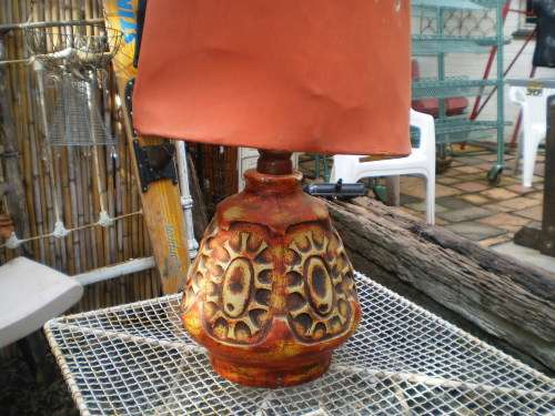 1950's Vintage Modern Mid Century Large Orange Table Lamp Shade Needs Recovering Base One Chip