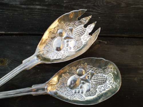 Ornamental Silver Plated Embossed Salad Serving Spoons