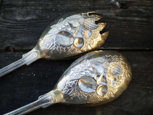 Ornamental Silver Plated Embossed Salad Serving Spoons