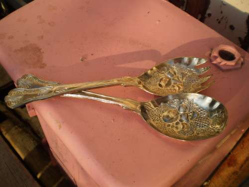Ornamental Silver Plated Embossed Salad Serving Spoons