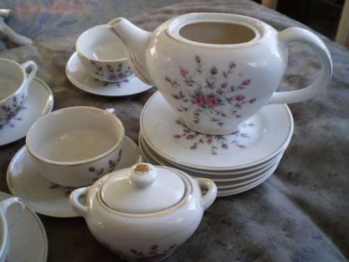 Vintage set of 5 floral miniature cups and saucers, plates one teapot and sugar pot