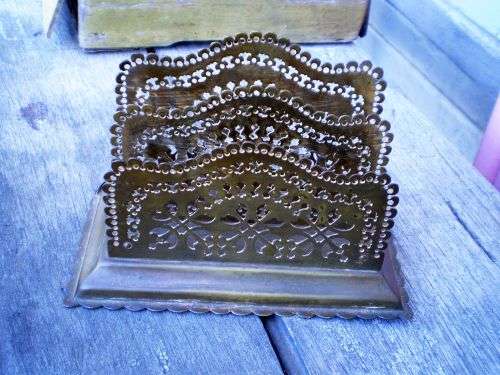 Vintage Filigree Two Compartment Brass Napkin Holder Very Decorative