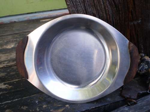 Mid Century Modern Danish Stainless Steel 18/8 Teak Wood Handle Round Serving Plate