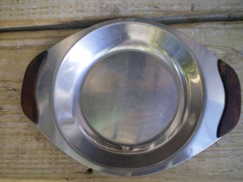 Mid Century Modern Danish Stainless Steel 18/8 Teak Wood Handle Round Serving Plate