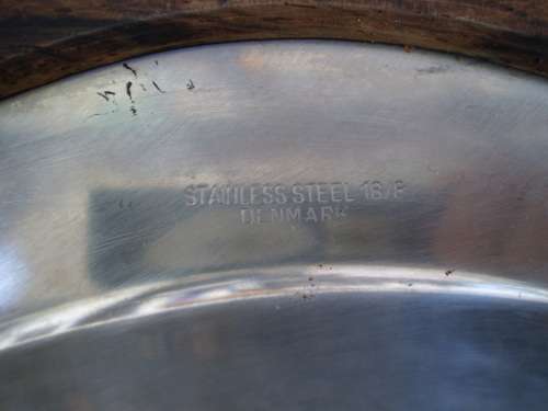 Mid Century Modern Danish Stainless Steel 18/8 Teak Wood Handle Round Serving Plate