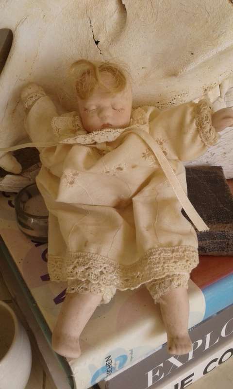 Small Vintage Doll head, feet and hands porcelain rag body