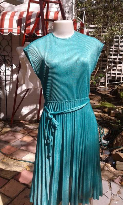 Vintage 1980s Teal Green Pleated Dress Size 12