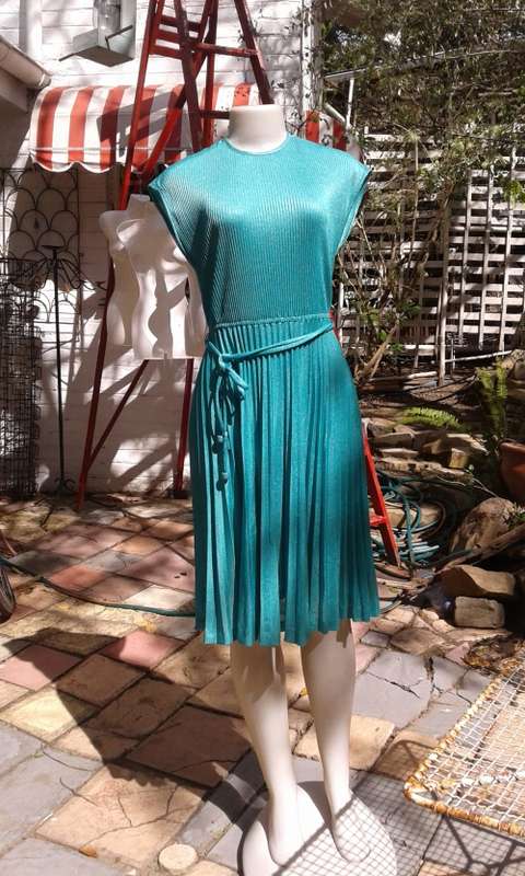Vintage 1980s Teal Green Pleated Dress Size 12
