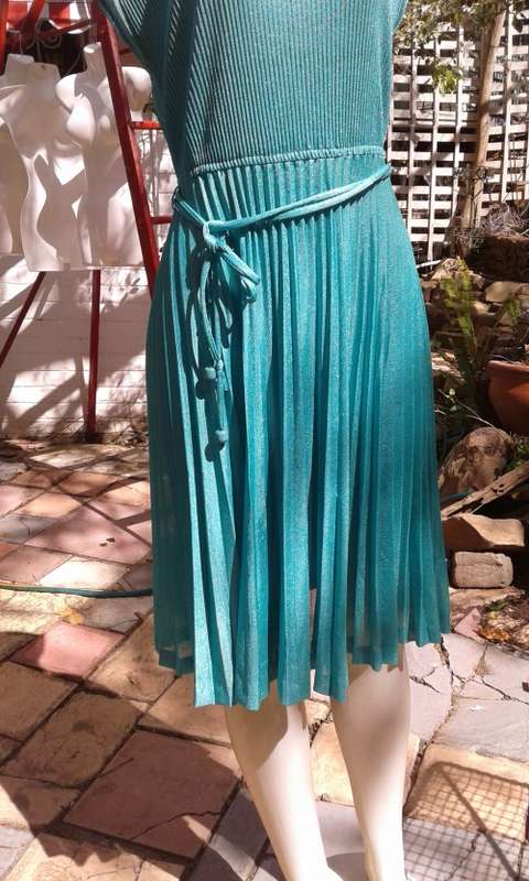 Vintage 1980s Teal Green Pleated Dress Size 12