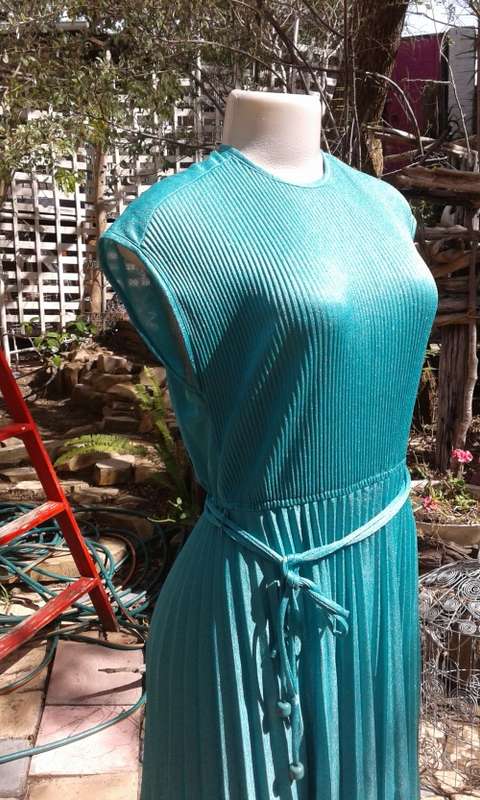 Vintage 1980s Teal Green Pleated Dress Size 12