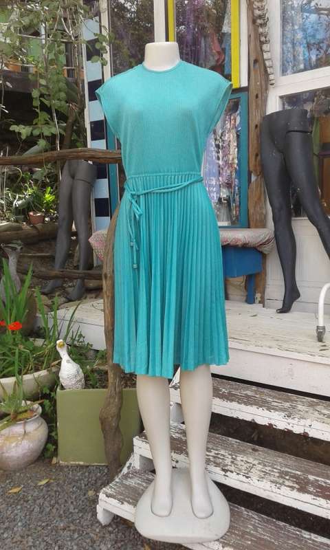 Vintage 1980s Teal Green Pleated Dress Size 12