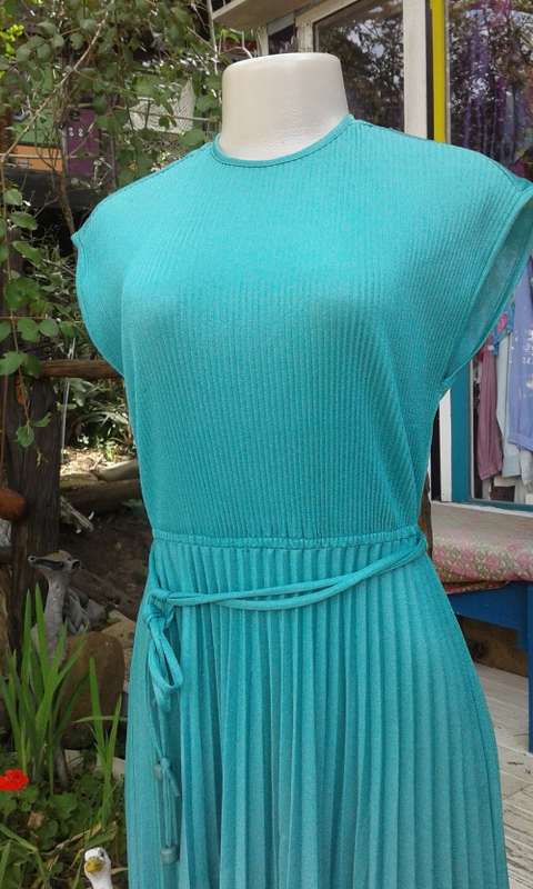 Vintage 1980s Teal Green Pleated Dress Size 12