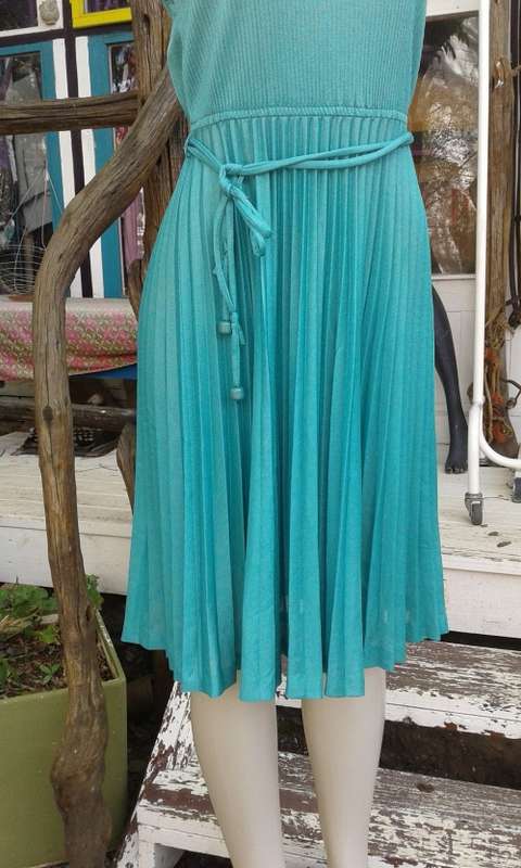 Vintage 1980s Teal Green Pleated Dress Size 12