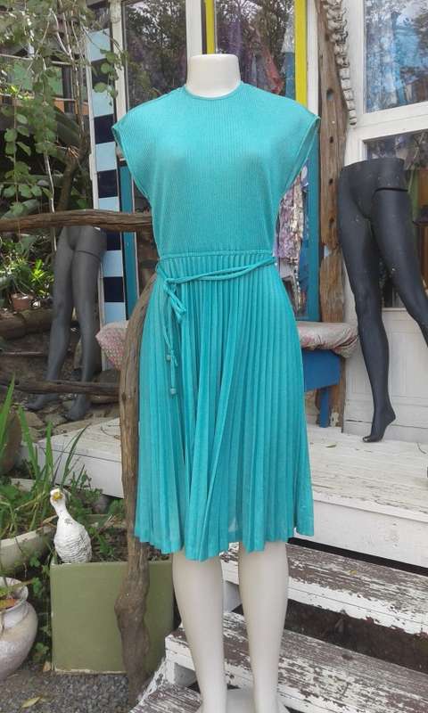Vintage 1980s Teal Green Pleated Dress Size 12