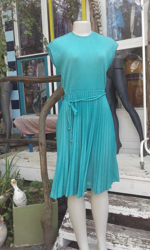 Vintage 1980s Teal Green Pleated Dress Size 12