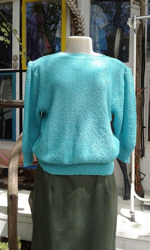 Original 1980s Vintage Turquoise Knit Top Long Sleeves