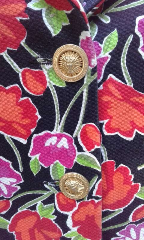 Vintage 1990s Short Sleeves Floral Print Jacket Blazer By JADE Golden Lionshead Buttons Size 14