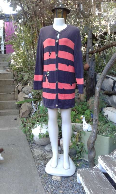 Vintage Horst Basler Overlength Red Black Striped Knitted Wool Cardigan Mini Dress Size 10 to 12