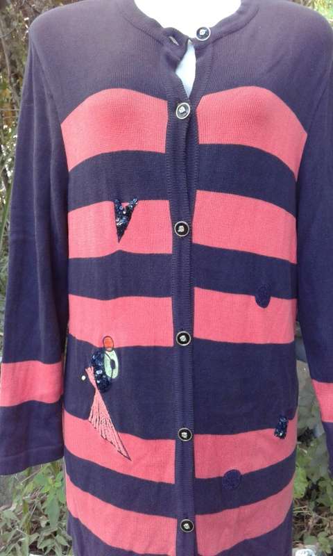 Vintage Horst Basler Overlength Red Black Striped Knitted Wool Cardigan Mini Dress Size 10 to 12