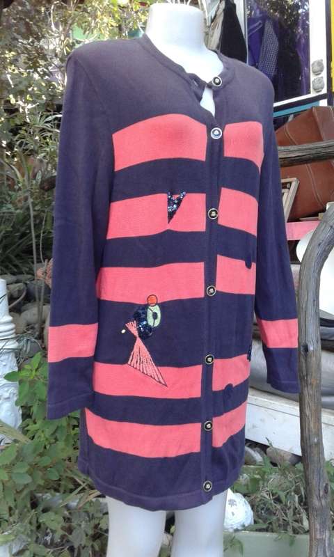 Vintage Horst Basler Overlength Red Black Striped Knitted Wool Cardigan Mini Dress Size 10 to 12