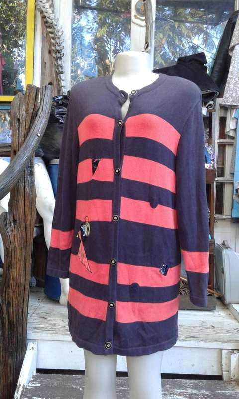 Vintage Horst Basler Overlength Red Black Striped Knitted Wool Cardigan Mini Dress Size 10 to 12