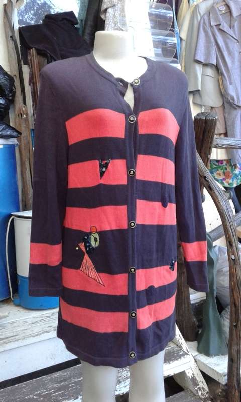 Vintage Horst Basler Overlength Red Black Striped Knitted Wool Cardigan Mini Dress Size 10 to 12