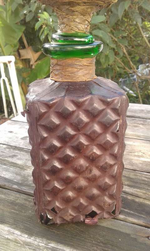 Vintage Green Leather Wrapped Glas Decanter With 3 Glasses 1950s