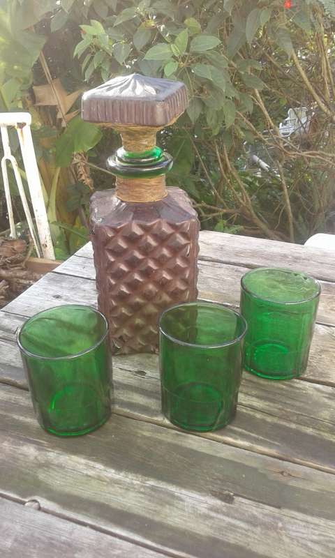 Vintage Green Leather Wrapped Glas Decanter With 3 Glasses 1950s