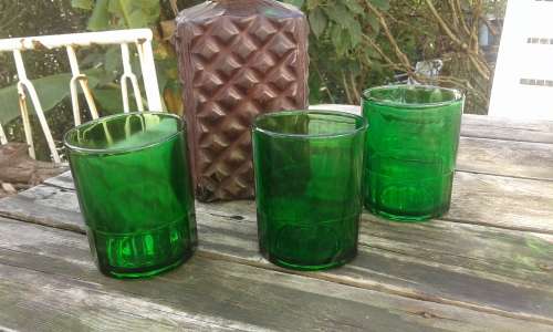 Vintage Green Leather Wrapped Glas Decanter With 3 Glasses 1950s