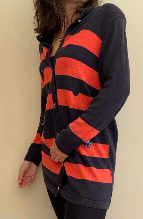 Vintage Horst Basler Overlength Red Black Striped Knitted Wool Cardigan Mini Dress Size 10 to 12