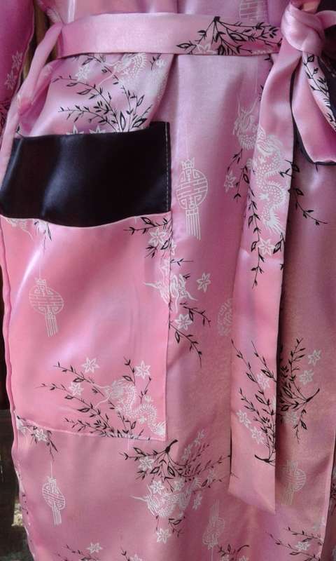 Vintage Reversible Pink And Black Pure Silk Kimono Gown WithCherry Blossom And Dragon Motif Size 14