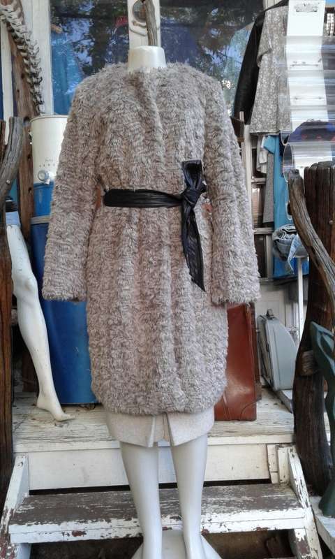 H M Grey Faux Fur Coat With Leather Belt Size 12 to 14