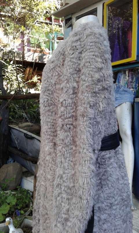 H M Grey Faux Fur Coat With Leather Belt Size 12 to 14