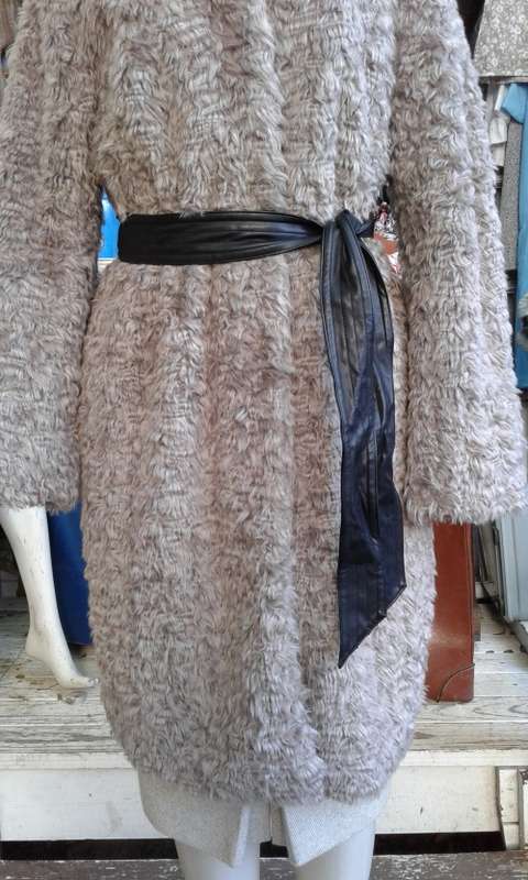 H M Grey Faux Fur Coat With Leather Belt Size 12 to 14