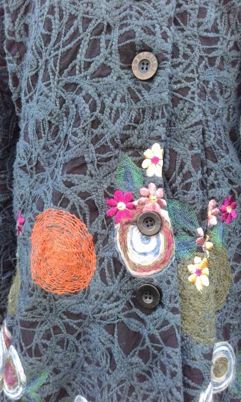 Desigual Green Winter Designer Coat With Flower Embroidery Fiber Art Size 12