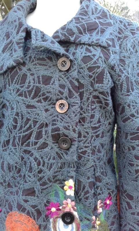 Desigual Green Winter Designer Coat With Flower Embroidery Fiber Art Size 12