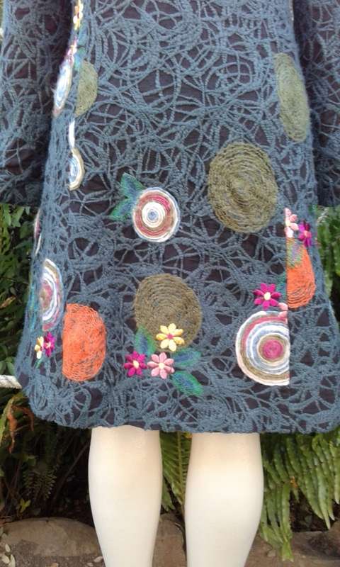 Desigual Green Winter Designer Coat With Flower Embroidery Fiber Art Size 12