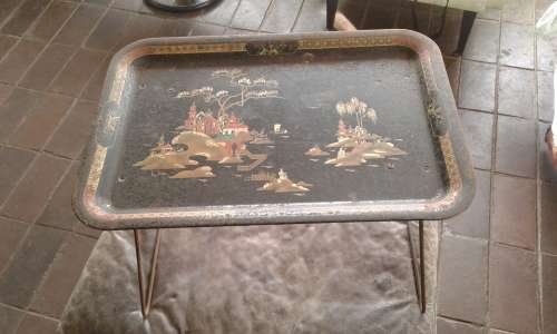 Vintage 1950s Worcester Ware Painted Foldable Metal Lap Bed Tray Oriental Design Chinoiserie