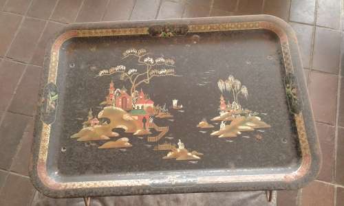 Vintage 1950s Worcester Ware Painted Foldable Metal Lap Bed Tray Oriental Design Chinoiserie