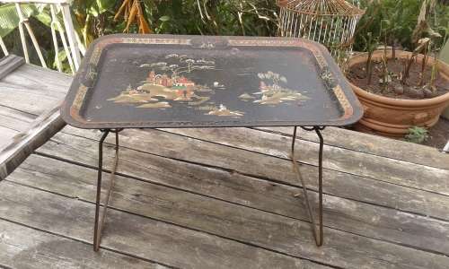 Vintage 1950s Worcester Ware Painted Foldable Metal Lap Bed Tray Oriental Design Chinoiserie