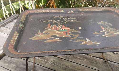 Vintage 1950s Worcester Ware Painted Foldable Metal Lap Bed Tray Oriental Design Chinoiserie
