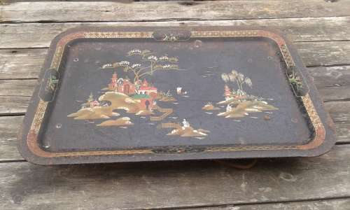 Vintage 1950s Worcester Ware Painted Foldable Metal Lap Bed Tray Oriental Design Chinoiserie
